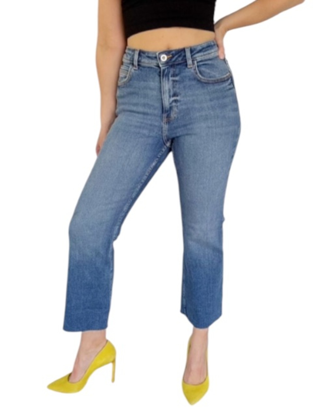 ZARA high rise medium wash cotton stretch cropped raw hem jeans size 8